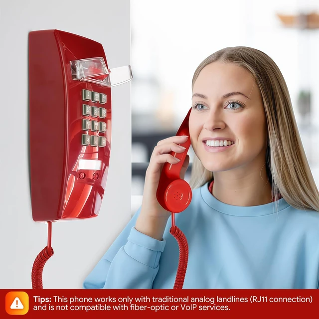 Alt view image 6 of 7 - Retro Wall Phones for Landline with Loud Mechanical Ringing Vintage Wall Mount Phone with Volume Adjustable Old Fashioned Corded Telephone for Kitchen Home School Hotel Office, Red
