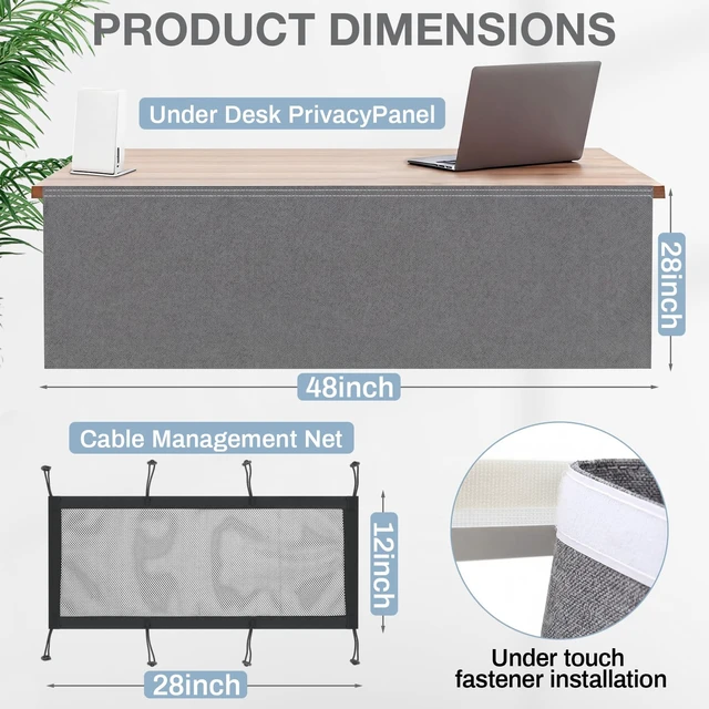 Alt view image 2 of 6 - 48" Under Desk Privacy Panel Self Adhesive Desk Curtain Skirt, Gray with Cable Management Net, Oxford Fabric Modesty Panel for Standing Desks, Workstations & Home Offices
