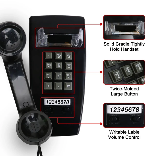 Alt view image 4 of 7 - Retro Wall Phones for Landline with Loud Mechanical Ringer Vintage Wall Mount Phone with Volume Adjustable Old Fashioned Corded Landline Telephone for Kitchen School Office, Black
