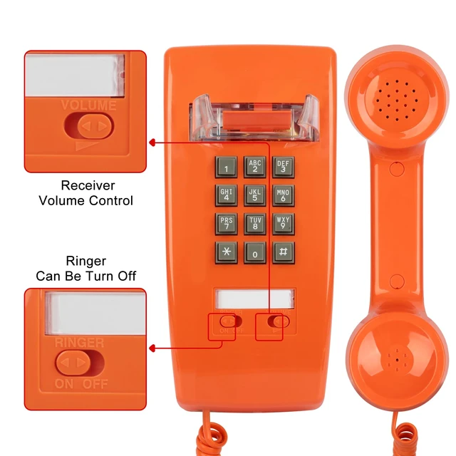 Alt view image 2 of 6 - Retro Wall Phones for Landline with Loud Mechanical Ringing Vintage Wall Mount Phone with Volume Adjustable Old Fashioned Corded Telephone for Kitchen Home School Hotel Office, Orange