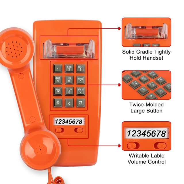 Alt view image 3 of 6 - Retro Wall Phones for Landline with Loud Mechanical Ringing Vintage Wall Mount Phone with Volume Adjustable Old Fashioned Corded Telephone for Kitchen Home School Hotel Office, Orange