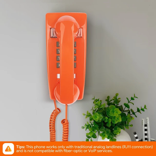 Alt view image 5 of 6 - Retro Wall Phones for Landline with Loud Mechanical Ringing Vintage Wall Mount Phone with Volume Adjustable Old Fashioned Corded Telephone for Kitchen Home School Hotel Office, Orange