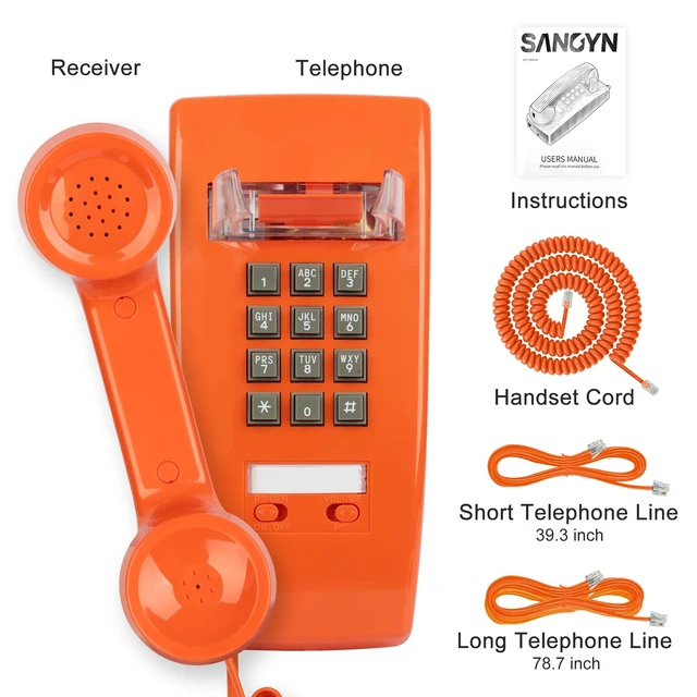Alt view image 6 of 6 - Retro Wall Phones for Landline with Loud Mechanical Ringing Vintage Wall Mount Phone with Volume Adjustable Old Fashioned Corded Telephone for Kitchen Home School Hotel Office, Orange