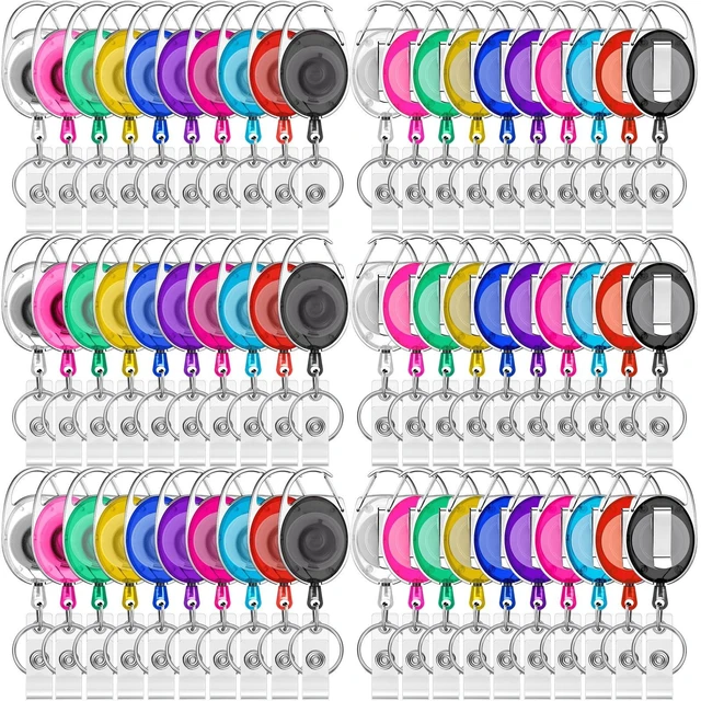 Main image of 100 Pack Retractable Badge Holder Reel with Clip, 10 Colors Key Ring Attachment, Heavy Duty Reel for ID Cards, For Office Nurses Doctors Employees Students, Bulk Pack with Clip