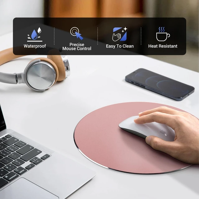Alt view image 3 of 7 - Metal Aluminum Mouse Pad, Thin Hard Mousepad 7.87 * 7.87 Round Pink Rigid Mouse Pad for Desk Double Sided Waterproof Fast Accurate Control Mousepad for Laptop, Computer and PC, Office Travel