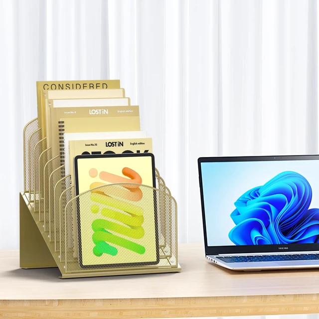 Alt view image 2 of 5 - Inclined Desk File Organizer Folder Holder with 8-Section, Gold