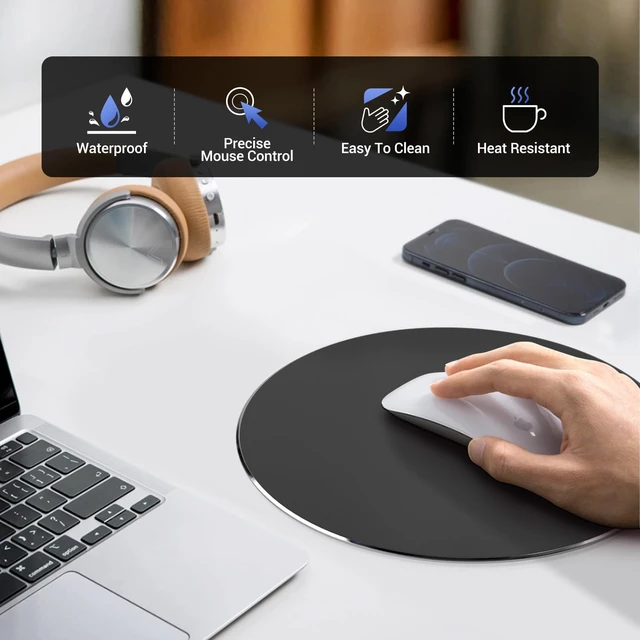 Alt view image 2 of 7 - Metal Aluminum Mouse Pad Thin Hard Mousepad 7.87 * 7.87 Round Black Mouse Pad for Magic Mouse & Pro/Air Double Sided Waterproof Fast Accurate Control Mousepad for Laptop, Computer PC, Office