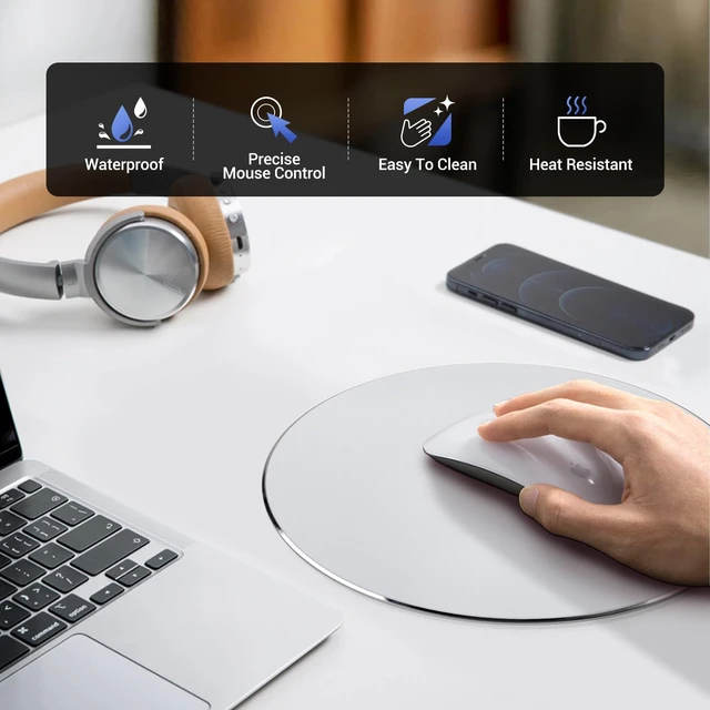 Alt view image 2 of 7 - Metal Aluminum Mouse Pad Thin Hard Mousepad 7.87 * 7.87 Round Silver Mouse Pad for Magic Mouse & Pro/Air Double Sided Waterproof Fast Accurate Control Mousepad for Laptop Computer PC, Office