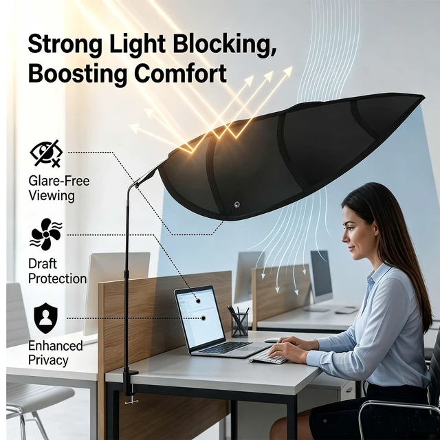 Alt view image 4 of 7 - Black Office Cubicle and Desk Shade for cubicle to block light for Light Sensititve WorkersBlock Overhead Light,Glare,And Airflow,Uv-Resistant Fabric,Adjustable