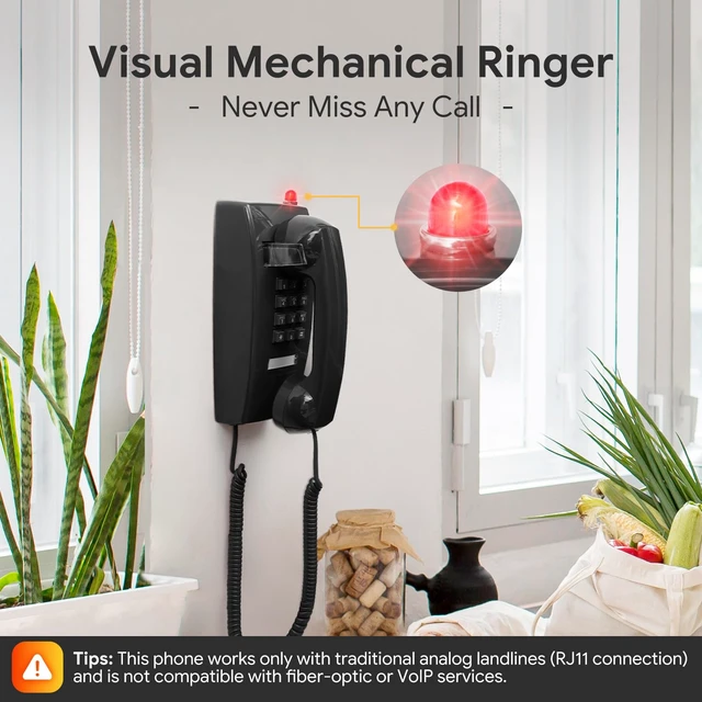 Alt view image 4 of 7 - Retro Wall Phones for Landline with Mechanical Ringer Corded Telephone Wall Mounted with Indicator Waterproof Old Style Landline Phones for Home Kitchen, Black