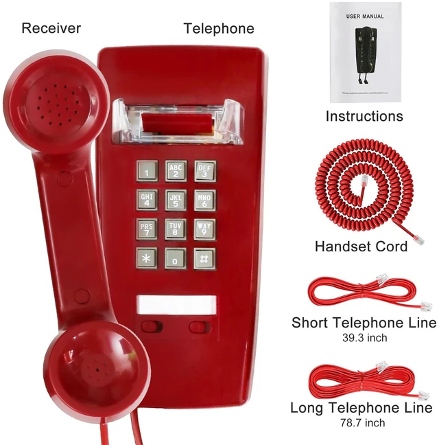 Alt view image 7 of 7 - Retro Wall Phones for Landline with Loud Mechanical Ringing Vintage Wall Mount Phone with Volume Adjustable Old Fashioned Corded Telephone for Kitchen Home School Hotel Office, Red