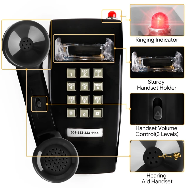 Alt view image 7 of 7 - Retro Wall Phones for Landline with Mechanical Ringer Corded Telephone Wall Mounted with Indicator Waterproof Old Style Landline Phones for Home Kitchen, Black