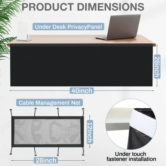 Alt view image 2 of 6 - 40" Under Desk Privacy Panel Self Adhesive Desk Curtain Skirt, Black with Cable Management Net, Oxford Fabric Modesty Panel for Standing Desks, Workstations & Home Offices