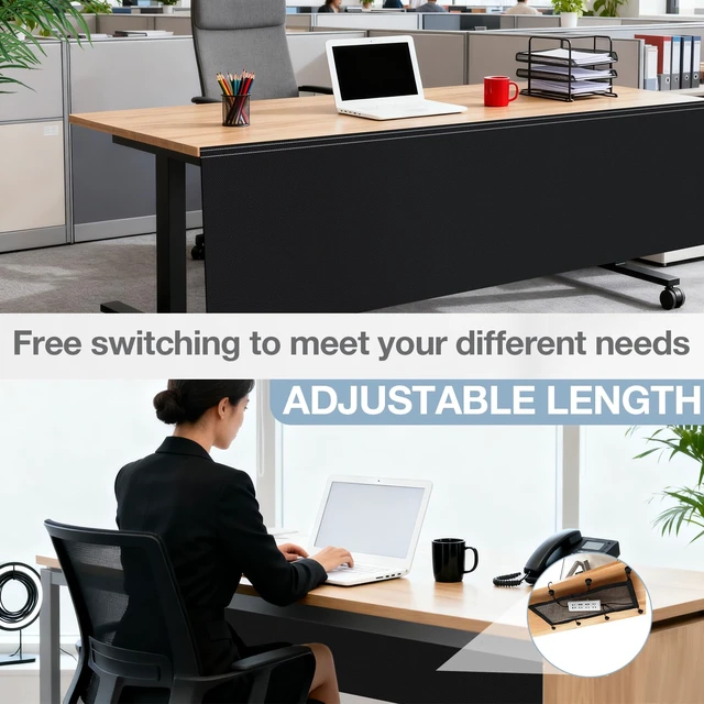 Alt view image 4 of 6 - 40" Under Desk Privacy Panel Self Adhesive Desk Curtain Skirt, Black with Cable Management Net, Oxford Fabric Modesty Panel for Standing Desks, Workstations & Home Offices