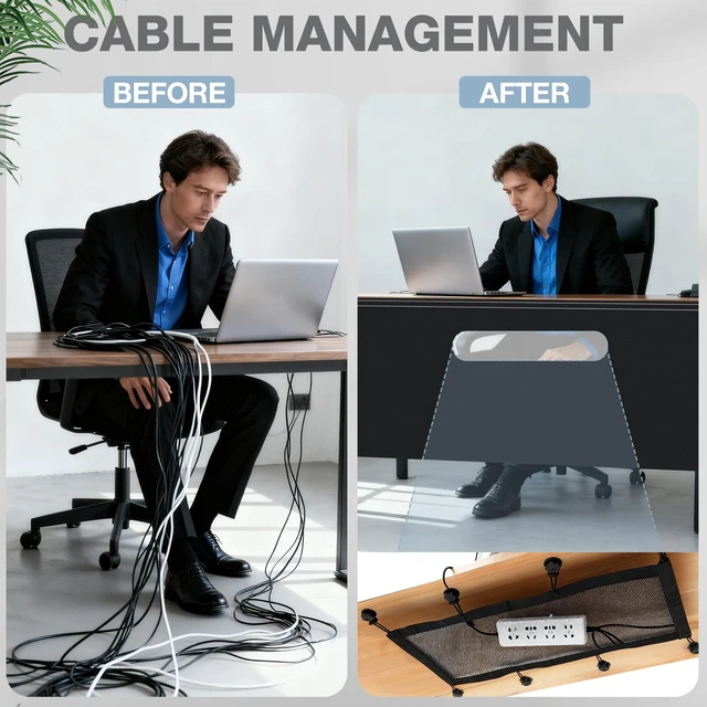 Alt view image 6 of 6 - 40" Under Desk Privacy Panel Self Adhesive Desk Curtain Skirt, Black with Cable Management Net, Oxford Fabric Modesty Panel for Standing Desks, Workstations & Home Offices