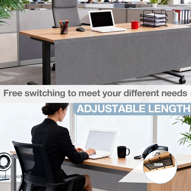 Alt view image 3 of 6 - 55" Under Desk Privacy Panel Self Adhesive Desk Curtain Skirt, Gray with Cable Management Net, Oxford Fabric Modesty Panel for Standing Desks, Workstations & Home Offices