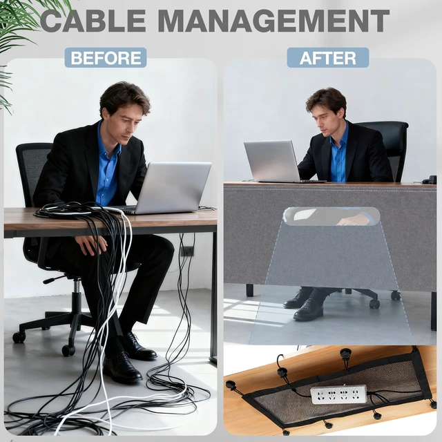 Alt view image 5 of 6 - 55" Under Desk Privacy Panel Self Adhesive Desk Curtain Skirt, Gray with Cable Management Net, Oxford Fabric Modesty Panel for Standing Desks, Workstations & Home Offices
