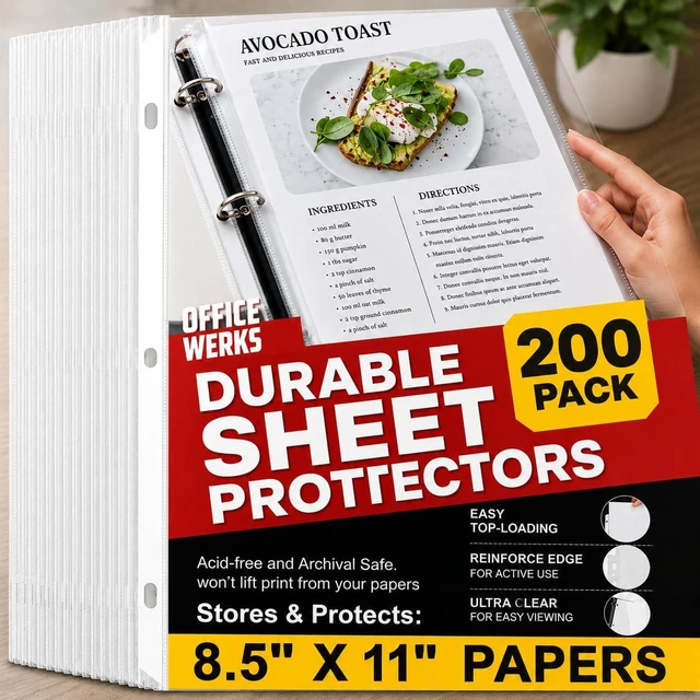 Main image of 200 Pack Clear Sheet Protectors for 3 Ring Binder, 8.5 x 11, Reinforced Page Protectors, Acid-Free Polypropylene Plastic Sleeves, PVC-Free, Archival Safe, Letter Size, Top Loading