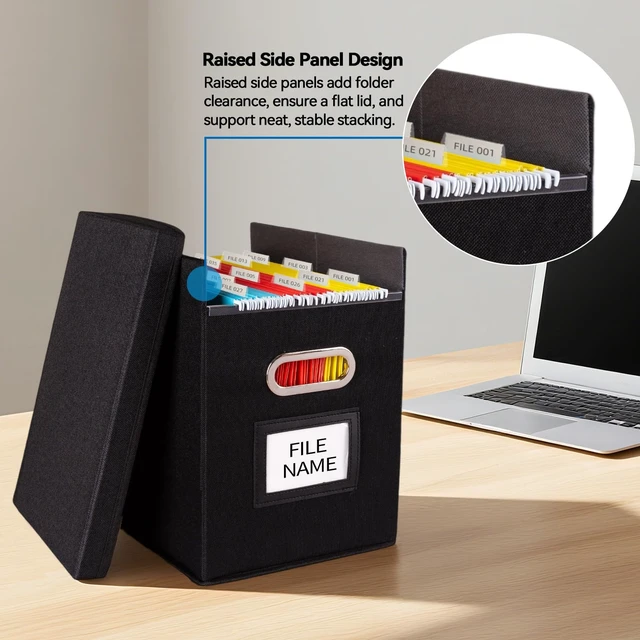 Alt view image 4 of 7 - 4 Pack Hanging File Folders Organizer with Lid, Letter Size Fabric File Storage Box Collapsible, Portable Office Document Holder with Metal Handle, Smooth PVC Rails, Black