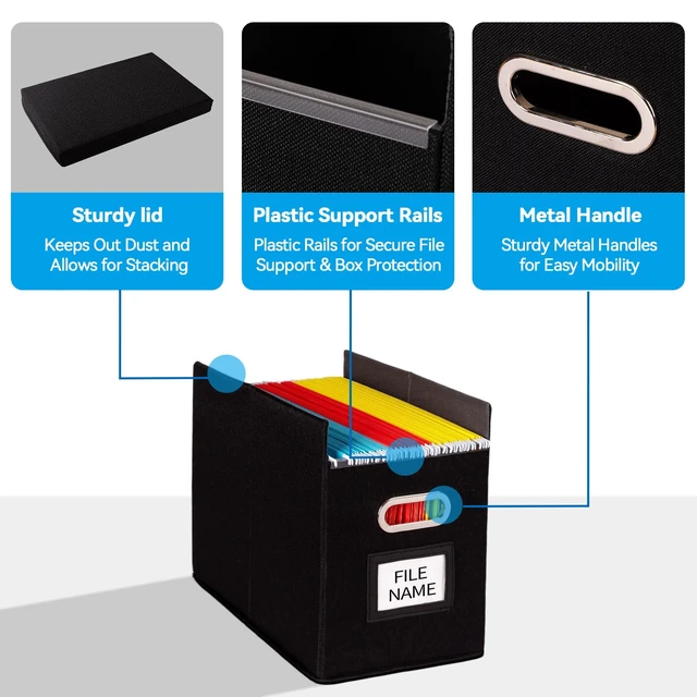 Alt view image 5 of 7 - 4 Pack Hanging File Folders Organizer with Lid, Letter Size Fabric File Storage Box Collapsible, Portable Office Document Holder with Metal Handle, Smooth PVC Rails, Black