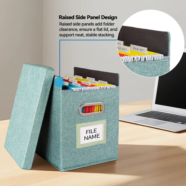 Alt view image 4 of 7 - 4 Pack Hanging File Folders Organizer with Lid, Letter Size Fabric File Storage Box Collapsible, Portable Office Document Holder with Metal Handle, Smooth PVC Rails, Green