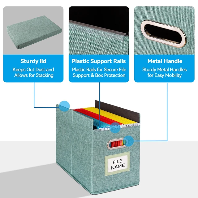 Alt view image 5 of 7 - 4 Pack Hanging File Folders Organizer with Lid, Letter Size Fabric File Storage Box Collapsible, Portable Office Document Holder with Metal Handle, Smooth PVC Rails, Green