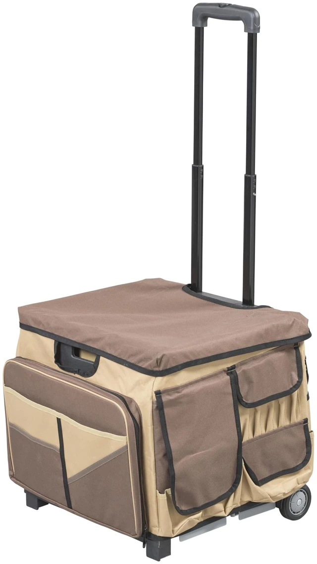 Main image of Folding Mobile Utility Cart, Canvas Organizer Bag, Chocolate/Sand Durable plastic, 30 compartments, adjustable handle, 40 lb capacity, collapses to 3" thick, rolling wheels for easy transport