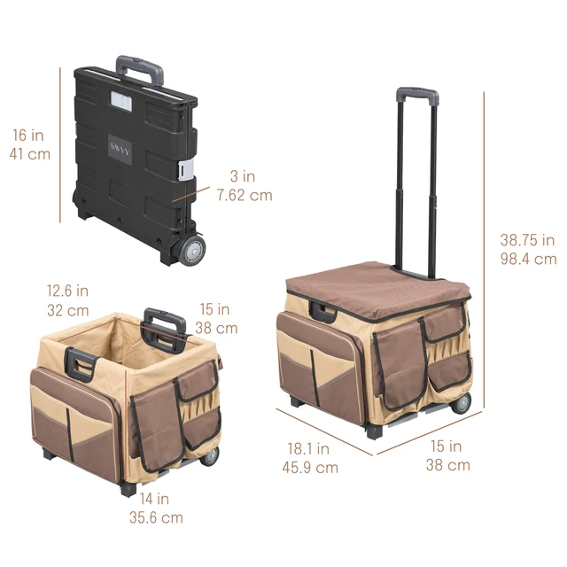 Alt view image 2 of 7 - Folding Mobile Utility Cart, Canvas Organizer Bag, Chocolate/Sand Durable plastic, 30 compartments, adjustable handle, 40 lb capacity, collapses to 3" thick, rolling wheels for easy transport