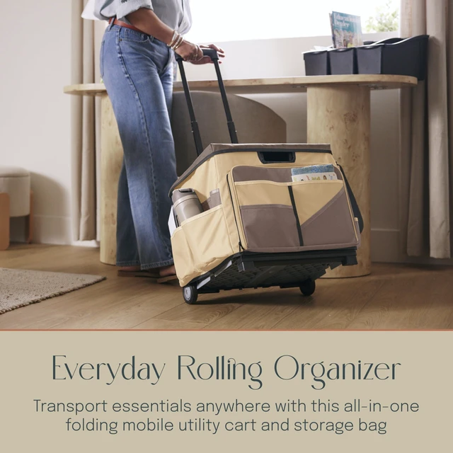Alt view image 3 of 7 - Folding Mobile Utility Cart, Canvas Organizer Bag, Chocolate/Sand Durable plastic, 30 compartments, adjustable handle, 40 lb capacity, collapses to 3" thick, rolling wheels for easy transport
