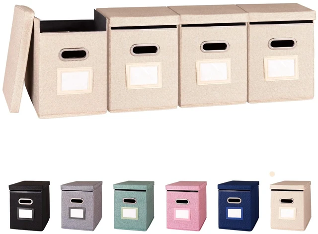 Main image of 4 Pack Hanging File Folders Organizer with Lid, Letter Size Fabric File Storage Box Collapsible, Portable Office Document Holder with Metal Handle, Smooth PVC Rails, Beige