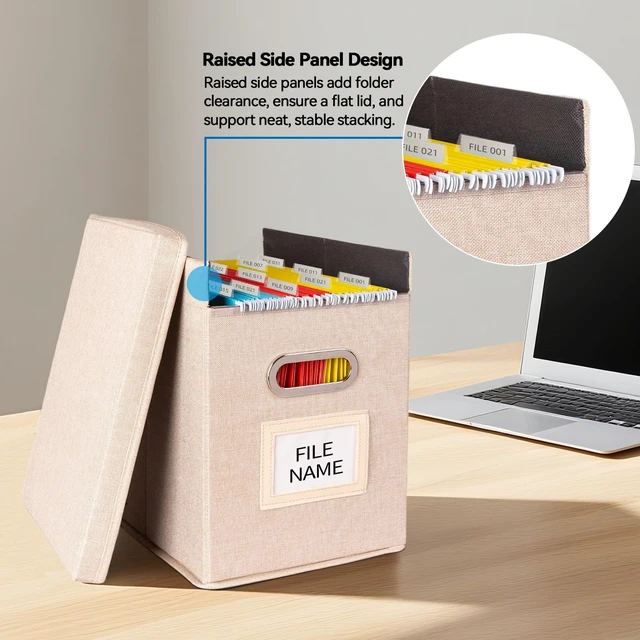 Alt view image 4 of 7 - 4 Pack Hanging File Folders Organizer with Lid, Letter Size Fabric File Storage Box Collapsible, Portable Office Document Holder with Metal Handle, Smooth PVC Rails, Beige