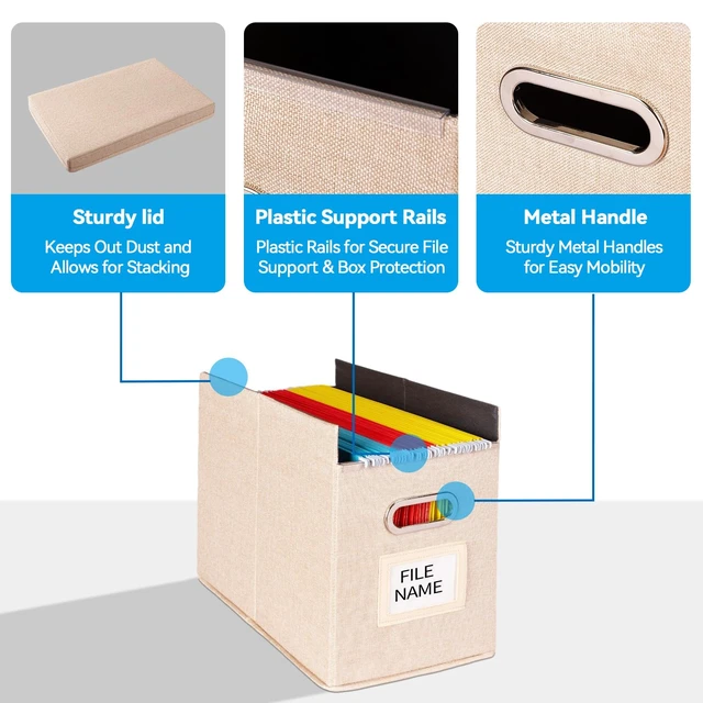Alt view image 5 of 7 - 4 Pack Hanging File Folders Organizer with Lid, Letter Size Fabric File Storage Box Collapsible, Portable Office Document Holder with Metal Handle, Smooth PVC Rails, Beige