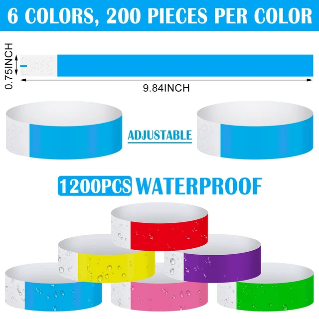Alt view image 2 of 6 - 1200 Pack Paper Wristbands,Yellow, Green, Blue, Red, Purple, Pink Plastic Wristbands for Event Party Wrist Band Colored Adhesive Neon Identification Hand Bands, Concert, Festivals, Waterproof