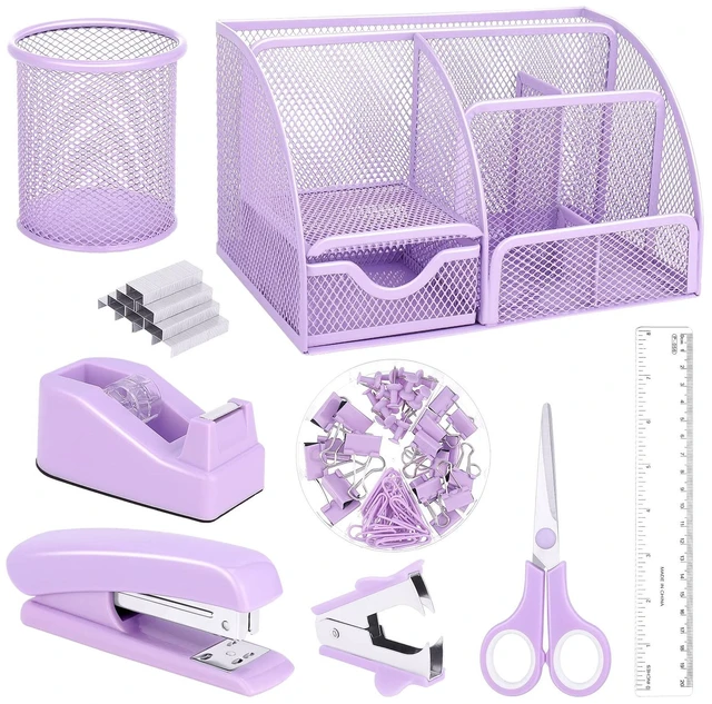 Main image of Purple Mesh Desk Organizer and Accessories, Purple Office Supplies 7 Compartments Desk Organizer with Stapler,Tape Dispenser,1000 Staples,Pen Holder,Staple Remover,Clips,Ruler,Scissors