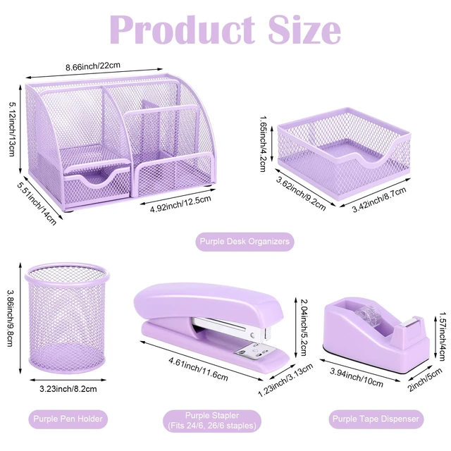 Alt view image 2 of 7 - Purple Mesh Desk Organizer and Accessories, Purple Office Supplies 7 Compartments Desk Organizer with Stapler,Tape Dispenser,1000 Staples,Pen Holder,Staple Remover,Clips,Ruler,Scissors