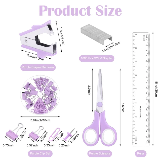 Alt view image 3 of 7 - Purple Mesh Desk Organizer and Accessories, Purple Office Supplies 7 Compartments Desk Organizer with Stapler,Tape Dispenser,1000 Staples,Pen Holder,Staple Remover,Clips,Ruler,Scissors