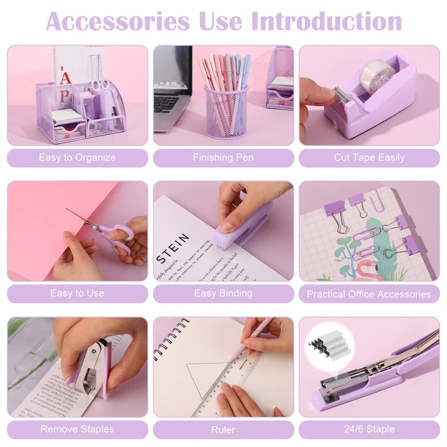 Alt view image 4 of 7 - Purple Mesh Desk Organizer and Accessories, Purple Office Supplies 7 Compartments Desk Organizer with Stapler,Tape Dispenser,1000 Staples,Pen Holder,Staple Remover,Clips,Ruler,Scissors