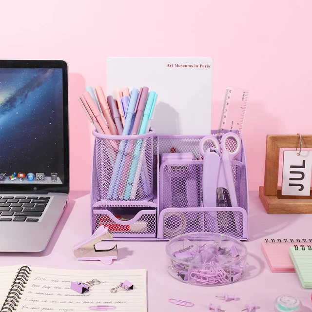 Alt view image 5 of 7 - Purple Mesh Desk Organizer and Accessories, Purple Office Supplies 7 Compartments Desk Organizer with Stapler,Tape Dispenser,1000 Staples,Pen Holder,Staple Remover,Clips,Ruler,Scissors