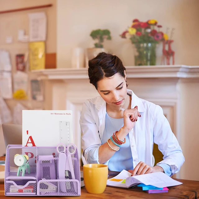 Alt view image 7 of 7 - Purple Mesh Desk Organizer and Accessories, Purple Office Supplies 7 Compartments Desk Organizer with Stapler,Tape Dispenser,1000 Staples,Pen Holder,Staple Remover,Clips,Ruler,Scissors