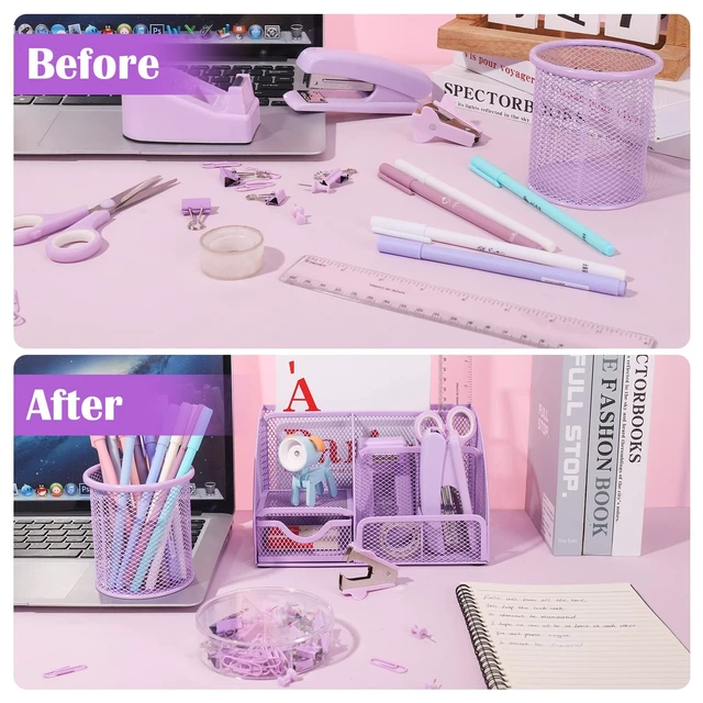 Alt view image 6 of 7 - Purple Mesh Desk Organizer and Accessories, Purple Office Supplies 7 Compartments Desk Organizer with Stapler,Tape Dispenser,1000 Staples,Pen Holder,Staple Remover,Clips,Ruler,Scissors