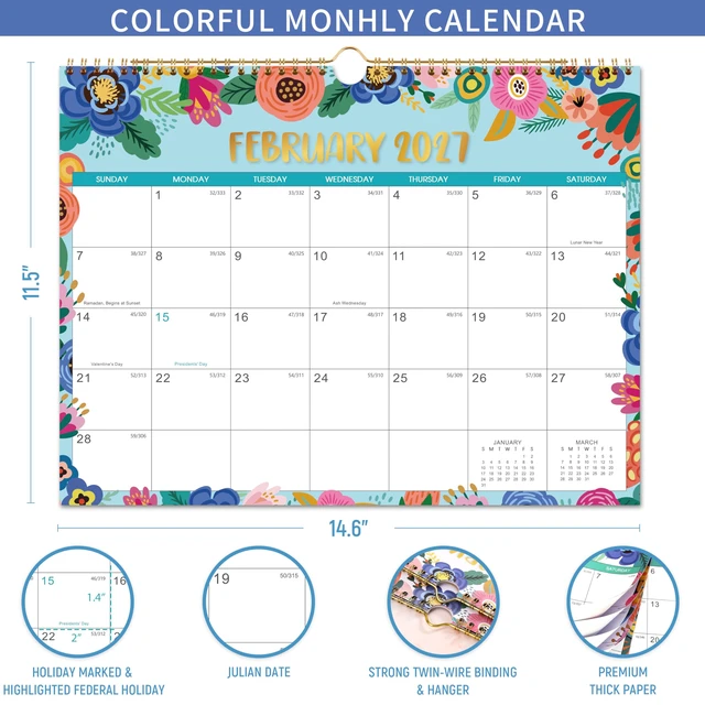 Alt view image 3 of 7 - 2027 Calendar - Wall Calendar 2027, 14.8'' x 11.5'' Jan. 2027 - Dec. 2027, Large Blocks, 2027 Wall Calendars with Julian Dates, Thick Paper