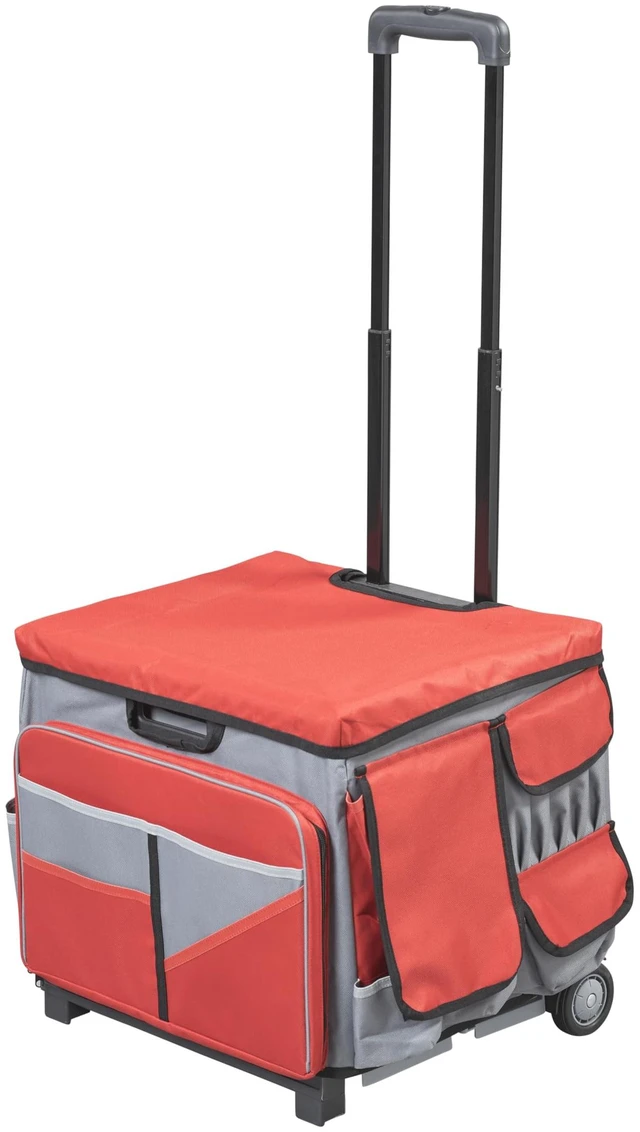 Main image of Folding Mobile Utility Cart, Canvas Organizer Bag, Red/Grey Durable plastic, 30 compartments, adjustable handle, 40 lb capacity, collapses to 3" thick, rolling wheels for easy transport