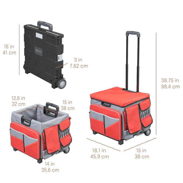 Alt view image 2 of 7 - Folding Mobile Utility Cart, Canvas Organizer Bag, Red/Grey Durable plastic, 30 compartments, adjustable handle, 40 lb capacity, collapses to 3" thick, rolling wheels for easy transport