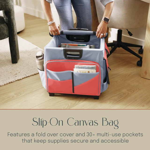 Alt view image 4 of 7 - Folding Mobile Utility Cart, Canvas Organizer Bag, Red/Grey Durable plastic, 30 compartments, adjustable handle, 40 lb capacity, collapses to 3" thick, rolling wheels for easy transport