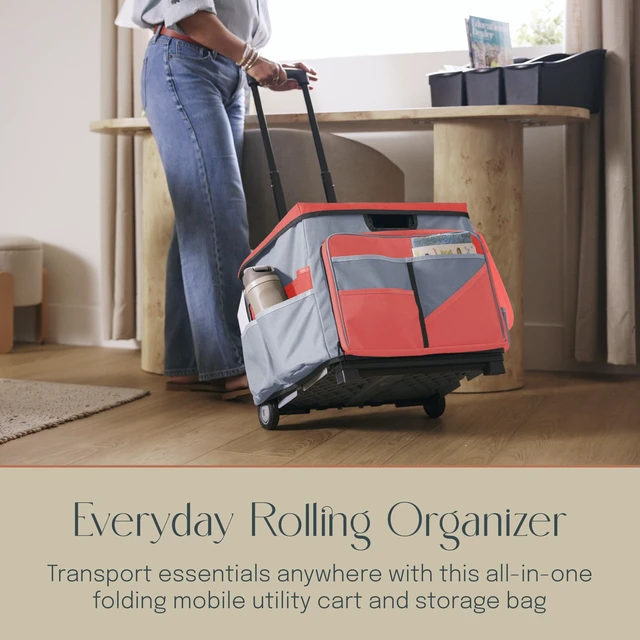 Alt view image 3 of 7 - Folding Mobile Utility Cart, Canvas Organizer Bag, Red/Grey Durable plastic, 30 compartments, adjustable handle, 40 lb capacity, collapses to 3" thick, rolling wheels for easy transport