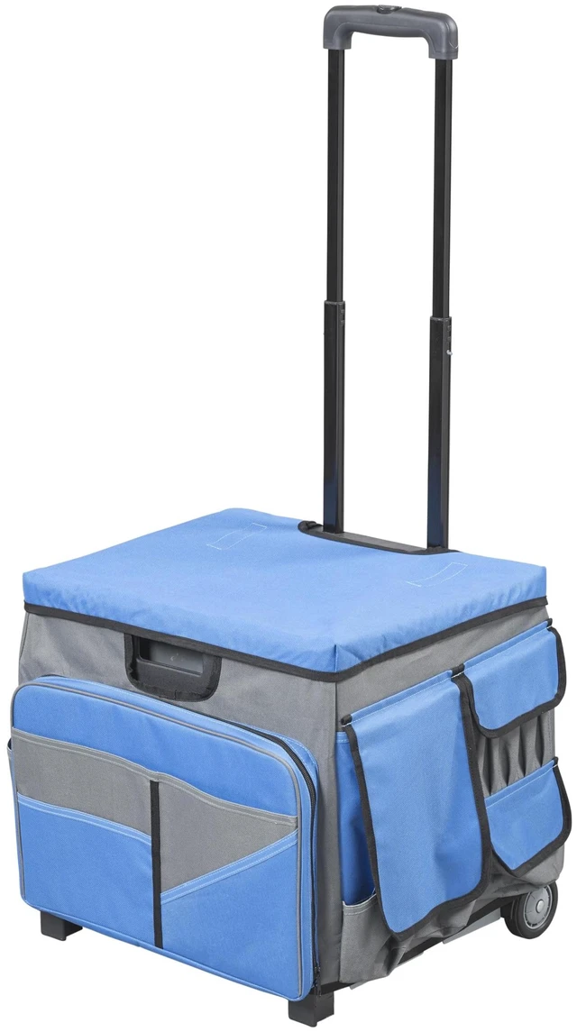 Main image of Folding Mobile Utility Cart, Canvas Organizer Bag, Blue/Grey Durable plastic, 30 compartments, adjustable handle, 40 lb capacity, collapses to 3" thick, rolling wheels for easy transport