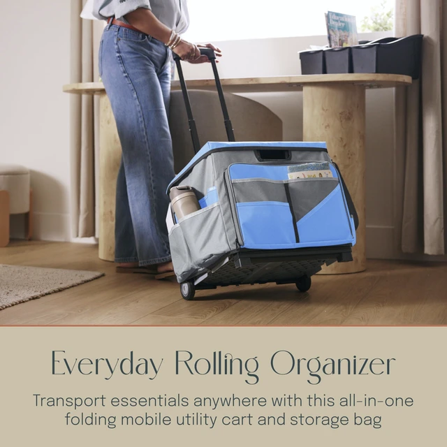 Alt view image 3 of 7 - Folding Mobile Utility Cart, Canvas Organizer Bag, Blue/Grey Durable plastic, 30 compartments, adjustable handle, 40 lb capacity, collapses to 3" thick, rolling wheels for easy transport