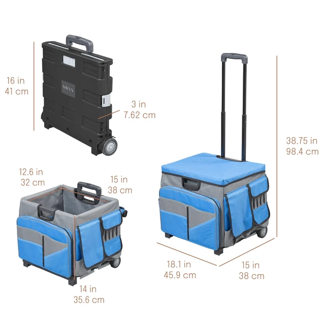 Alt view image 2 of 7 - Folding Mobile Utility Cart, Canvas Organizer Bag, Blue/Grey Durable plastic, 30 compartments, adjustable handle, 40 lb capacity, collapses to 3" thick, rolling wheels for easy transport