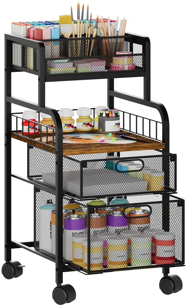 Main image of Art Cart with Drawers, Rolling Craft Cart with DIY Dividers & Wood Shelf - Mobile Art Supply Organizer for Artists, Students & Small Space, Heavy-Duty Metal, Lockable Wheels Espresso