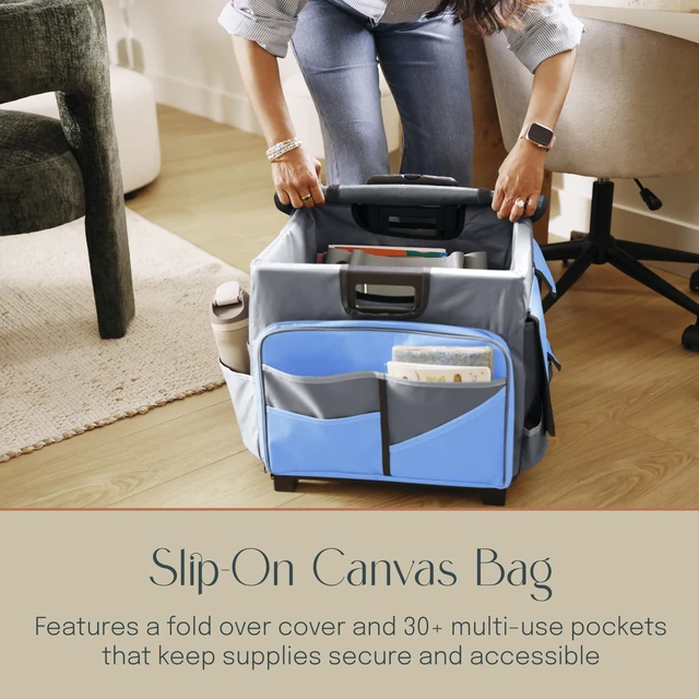 Alt view image 4 of 7 - Folding Mobile Utility Cart, Canvas Organizer Bag, Blue/Grey Durable plastic, 30 compartments, adjustable handle, 40 lb capacity, collapses to 3" thick, rolling wheels for easy transport